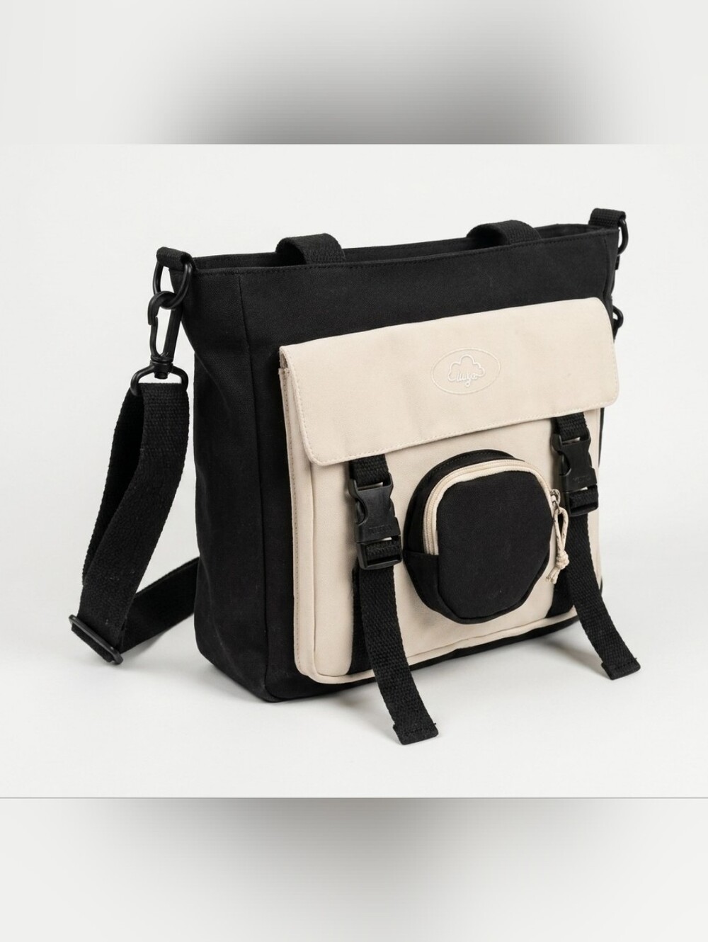 Unbranded Black and Cream Canvas Messenger Bag with Front Pouch‎